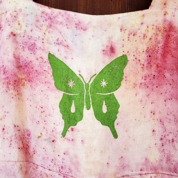 XS Pink/White Sister Nettle Botanically Dyed Butterfly & Flowers Linen Jumpsuit - Picture 3 of 6